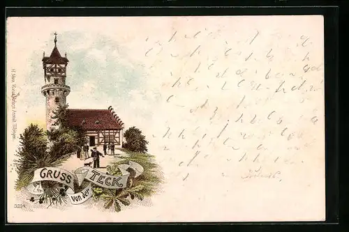 Lithographie Teck, Aussichtsturm mit Besuchern