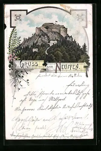 Lithographie Neuffen, Blick auf Burg