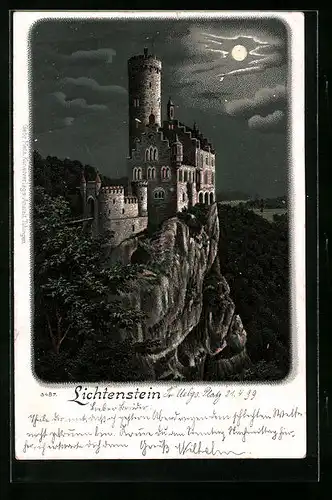 Lithographie Lichtenstein, Blick auf Burg bei Mondschein