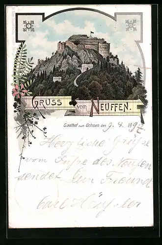 Lithographie Neuffen, Blick auf Burg