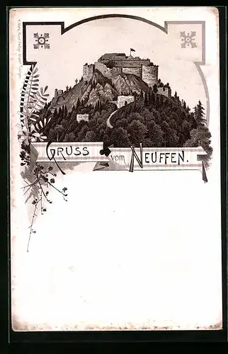 Lithographie Neuffen, Blick auf Burg