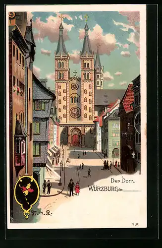 Lithographie Würzburg, Blick auf den Dom