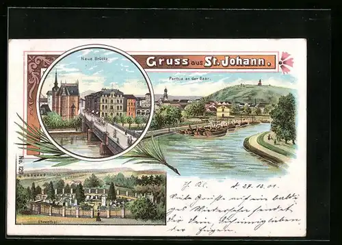 Lithographie St. Johann, Neue Brücke, Partie an der Saar, Ehrental