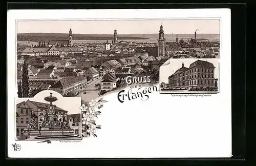 Lithographie Erlangen, Teilansicht, Universitäts-Collegiengebäude, Kunstbrunnen