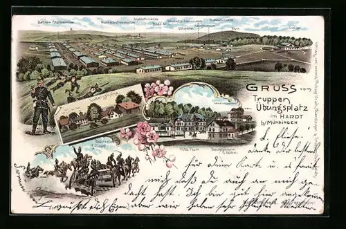 Lithographie Münsingen, Truppen-Übungsplatz im Hardt mit Mannschaftsbaracken, Bade-Anst. u. Park, Gasthaus Ludwigshöhe