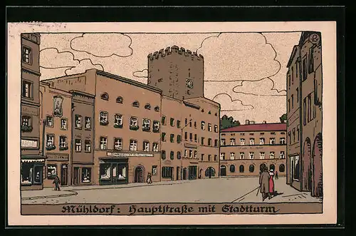 Steindruck-AK Mühldorf, Hautpstrasse mit Geschäft und Stadtturm