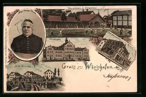 Lithographie Wörishofen, Bad Geromiller, Wandelbahn mit Glaspalast, Msgr. Kneipp Pfarrer