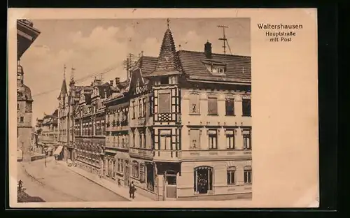 AK Waltershausen, Hautpstrasse mit Geschäften und Post