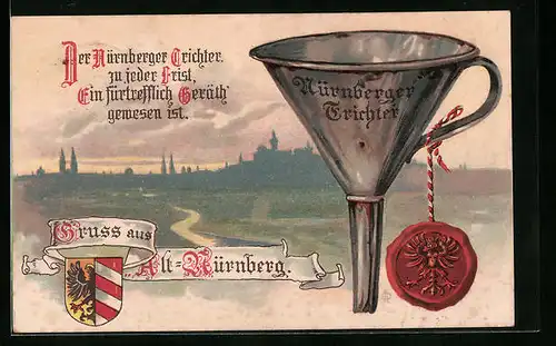 Lithographie Nürnberg, Nürnberger Trichter mit Stadtsiegel und -wappen