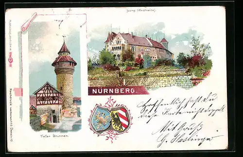 Lithographie Nürnberg, Tiefer Brunnen und Burg (Westseite)