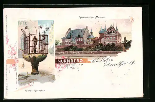 Lithographie Nürnberg, Gänse-Männchen und Germanisches-Museum