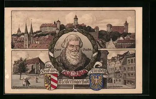 Lithographie Nürnberg, Stadtansicht, Katharinenkirche, Hans Sachs