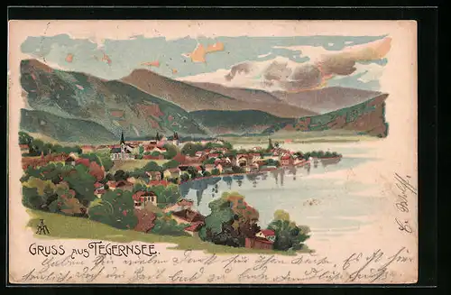 Lithographie Tegernsee, Ortsansicht aus der Vogelschau