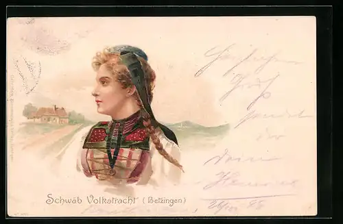 Lithographie Betzingen, Mädchen in schwäbischer Volkstracht