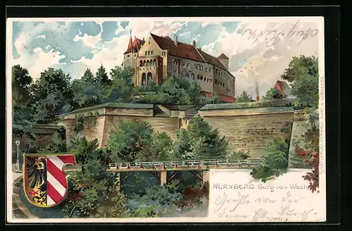 Lithographie Nürnberg, Burg von Westen und Stadtwappen