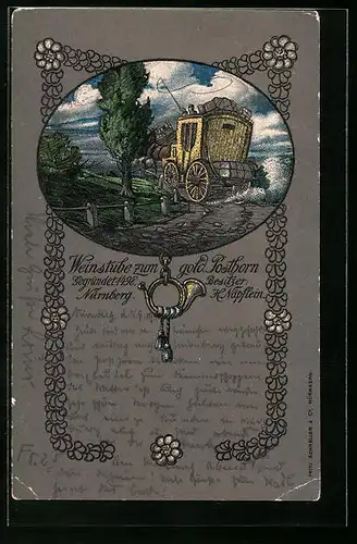 Lithographie Nürnberg, Postkutsche, Weinstube zum goldenen Posthorn