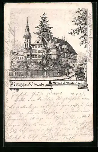 Lithographie Urach, Schloss mit Amandus-Kirche