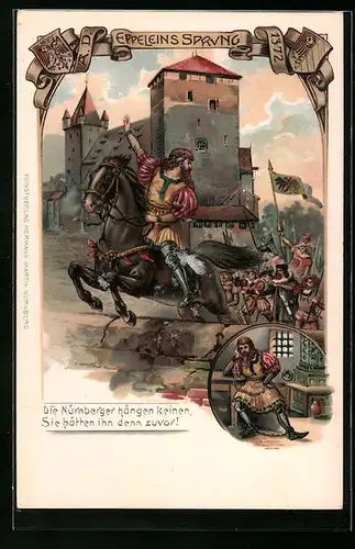 Lithographie Nürnberg, Eppeleins Sprung, Eppelein an der Burg und in der Zelle