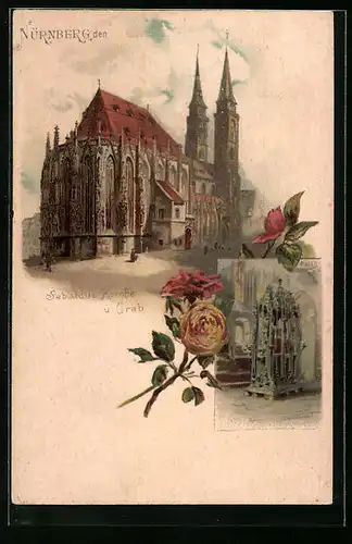 Lithographie Nürnberg, Sebaldus Kirche und Grab