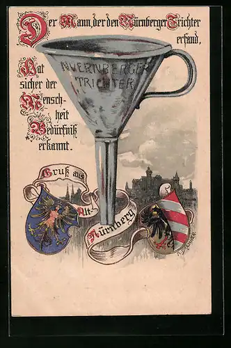 Künstler-AK Nürnberg, Nürnberger Trichter mit Stadtwappen