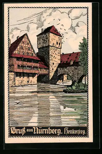 Steindruck-AK Nürnberg, Flusspartie am Henkersteg