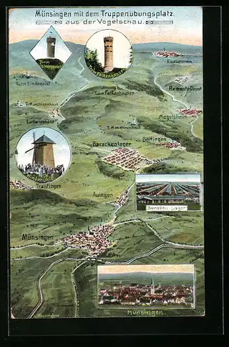 AK Münsingen, Panorama mit Truppenübungsplatz, Baracken-Lager