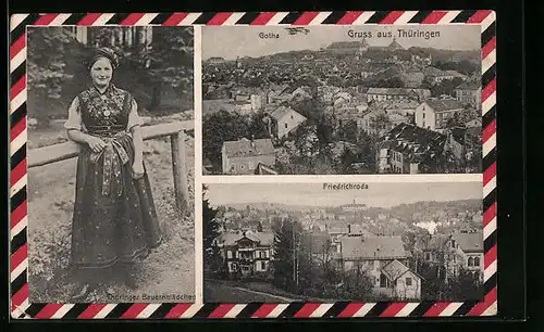 AK Friedrichroda /Thüringen, Gesamtblick und Thüringer Bauernmädchen
