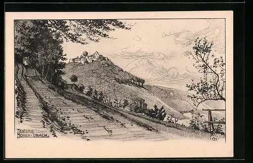 AK Urach, Panorama mit Festung Hohenurach