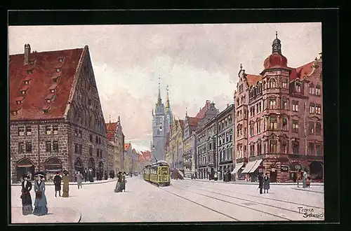 Künstler-AK Nürnberg, Königsstrasse mit Lorenzkirche