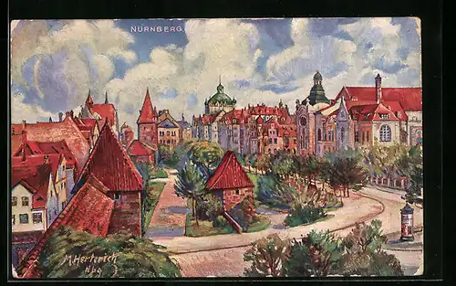 Künstler-AK Nürnberg, Panorama mit Grünanlage