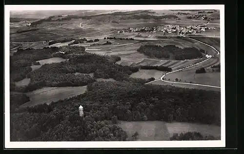 AK Donnstetten, Ortsansicht mit vom Flugzeug aus mit Römersteinturm