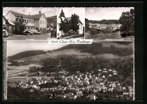 AK Glems /Metzingen, Ortsansicht vom Flugzeug aus, Rathaus, Kirche, Pumpspeicherwerk