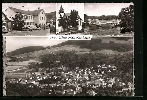 AK Glems /Metzingen, Ortsansicht aus der Vogelschau, Rathaus, Pumpspeicherwerk, Kirche