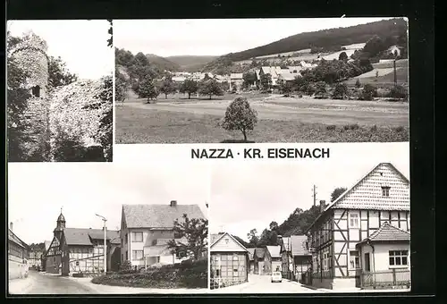 AK Nazza /Kr. Eisenach, Ortsansicht, Strassenpartie mit Kirche, Alter Wall und Turm