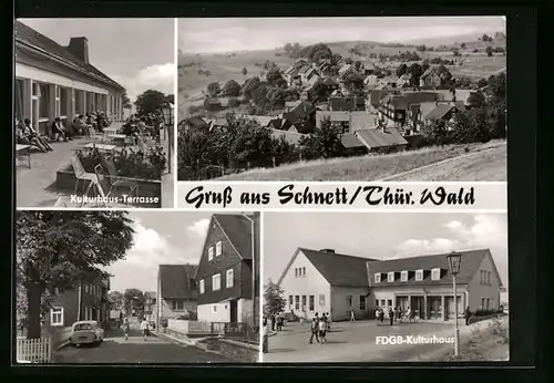 AK Schnett /Thür. Wald, Kulturhaus-Terrasse und Blick durch Wohnsiedlung