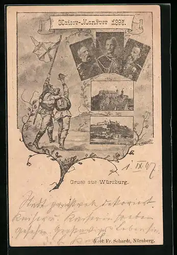 AK Ganzsache Bayern PP7C171 /03: Würzburg, Kaiser-Manöver 1897, Fernblick auf Burgen