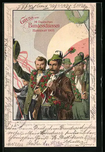 Lithographie Ganzsache PP27C17: Hannover, 14. Deutsches Bundesschiessen 1903, Schützen in grünen Trachten