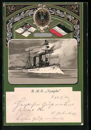 Lithographie Kriegsschiff S.M.S. Nymphe auf hoher See, Dampfer, Wappen