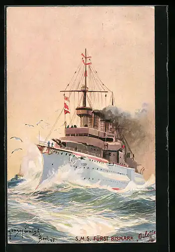 Künstler-AK Ostasiengeschwader, Kriegsschiff S.M.S. Fürst Bismarck, Dampfer