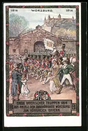 AK Ganzsache Bayern PP38C22 /01: Würzburg, 100 Jahre Zugehörigkeit, Einzug Bayrischer Truppen