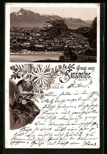 Vorläufer-Lithographie Salzburg, 1894, Totalansicht mit Hohensalzburg