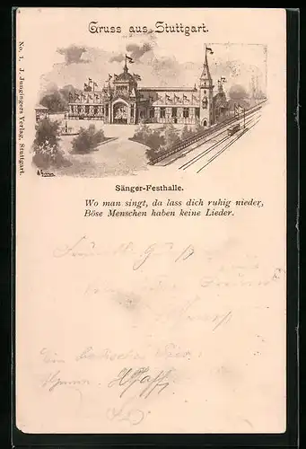 Lithographie Stuttgart, Ganzsache Württemberg PP11F39 /03, Sänger-Festhalle