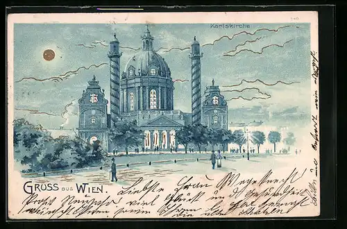 Mondschein-Lithographie Wien, Karlskirche bei Nacht