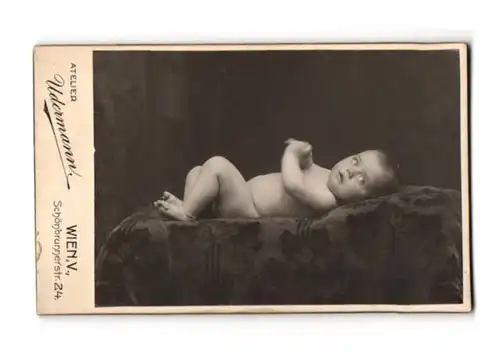 Fotografie Atelier Udermann, Wien, Schönbrunnerstr. 24, Portrait nacktes Baby liegt auf einer bestickten Decke
