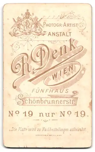 Fotografie R. Denk, Wien, Schönbrunnerstr. 19, Portrait einer elegant gekleideten Dame mit Rüschenkopfschmuck