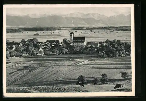 AK Altenstadt bei Schongau, Teilansicht mit der romanischen Basilika und Ammergebirge