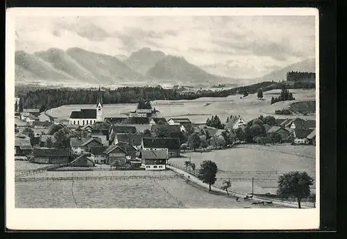 AK Burggen, Teilansicht mit Kirche und Ammergebirge