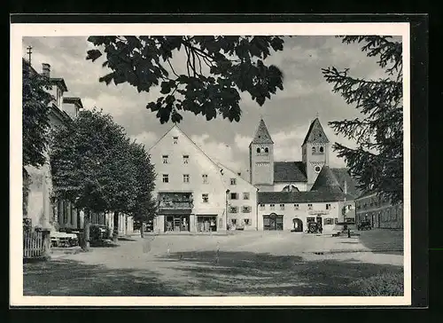 AK Steingaden, Marktplatz mit Café, Geschäften und Kirche