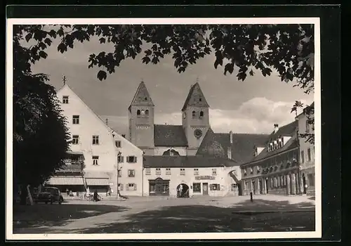 AK Steingaden /Obb., Marktplatz mit Geschäft und Wies-Kirche