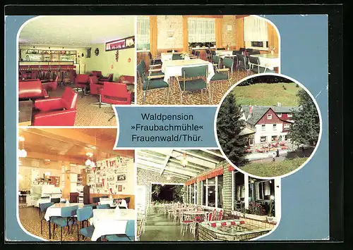 AK Frauenwald /Kr. Ilmenau, Waldpension Fraubachmühle, Innenansichten Bar und Klubraum